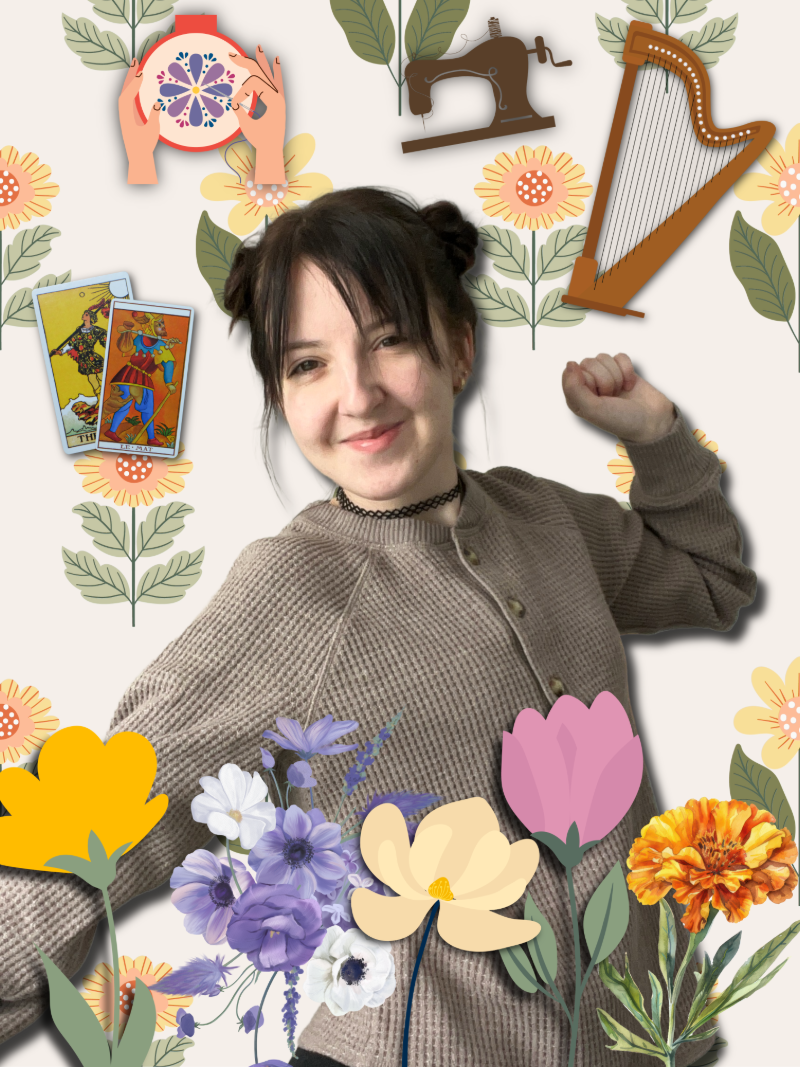 Sarah with crafts and flowers